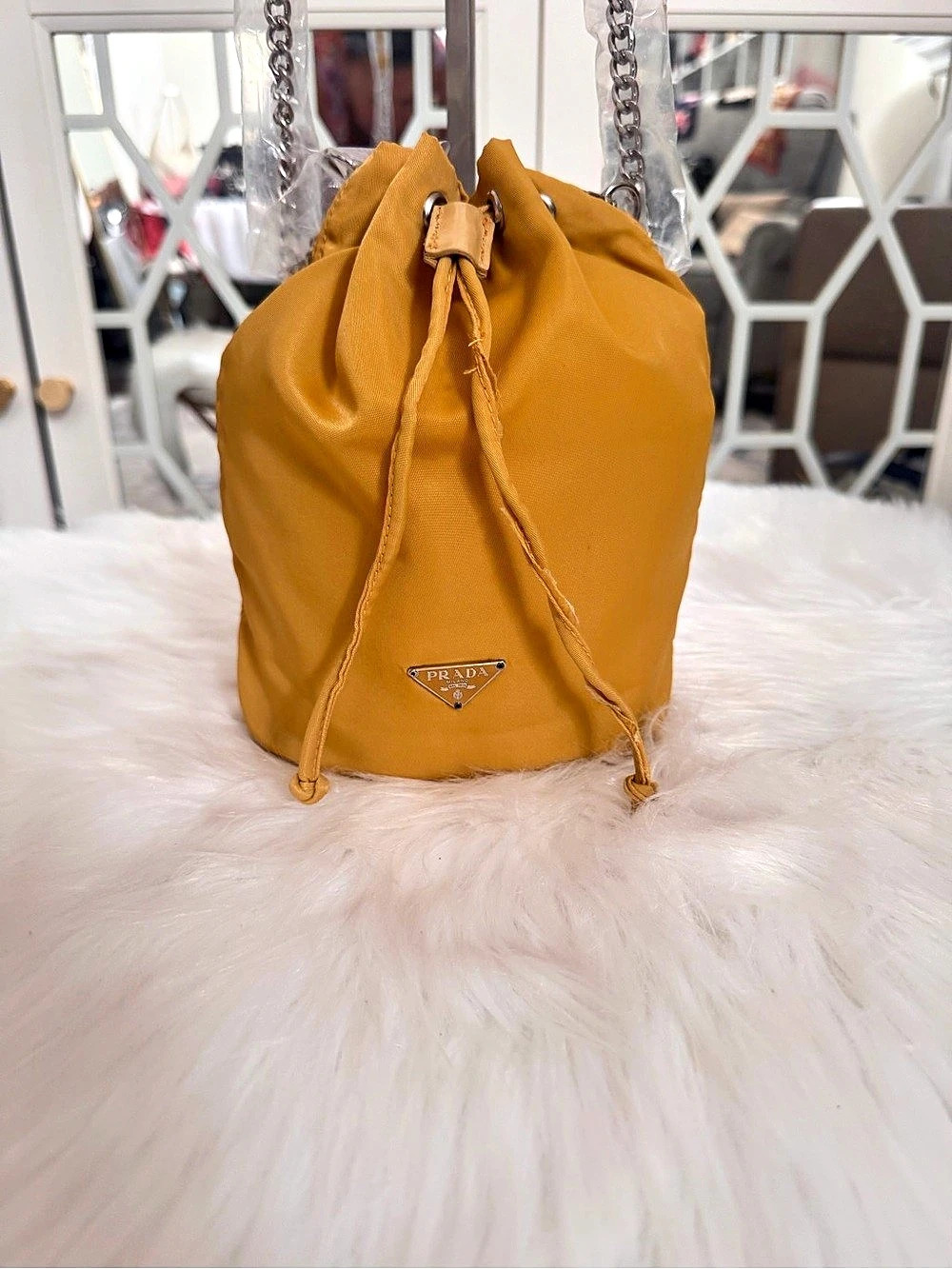 Prada Yellow Nylon Drawstring Bucket Pouch With detachable Crossbody strap